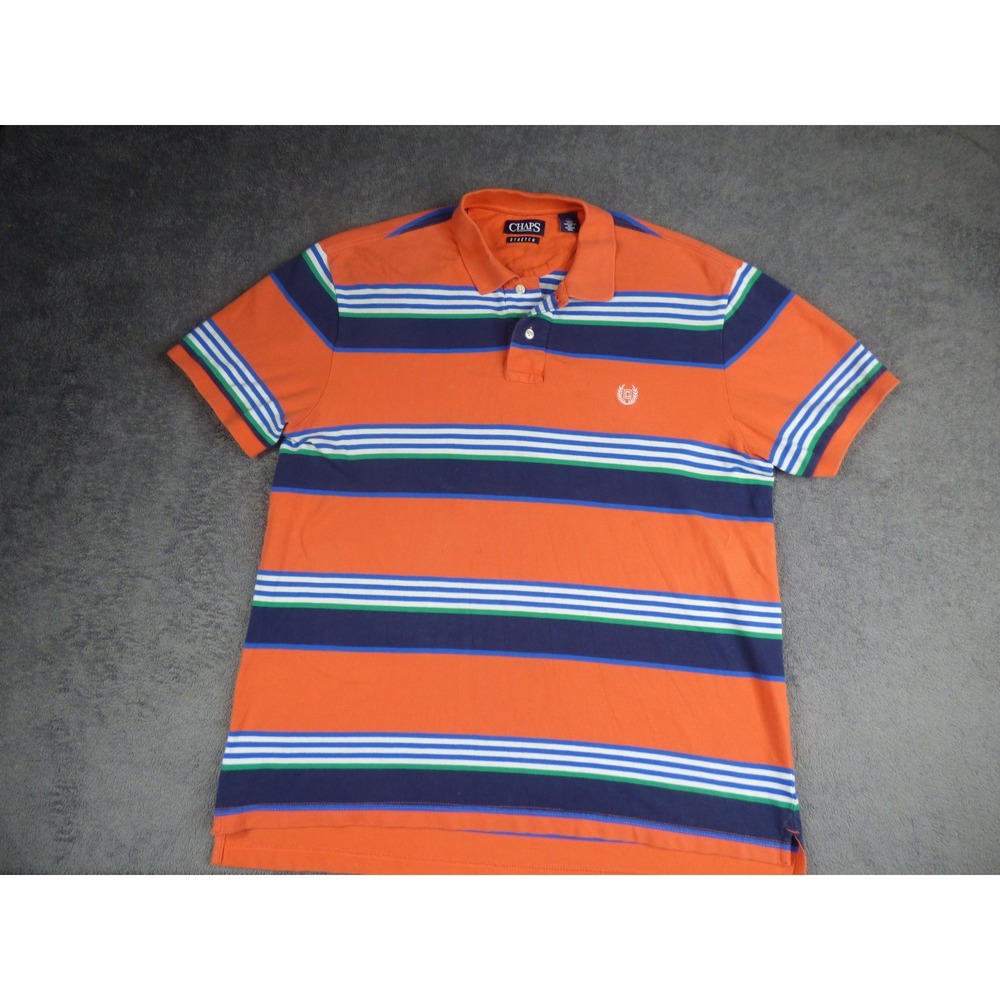 Chaps Stretch Mens Large Polo Shirt Orange Blue Green Striped Short Sleeve Logo